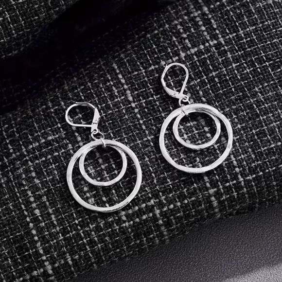 Double Circle Pendant Dangle Silver Earrings Cut Out Ring Drop Textured Jewelry - Picture 5 of 5
